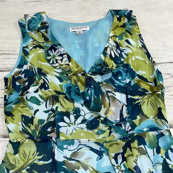 Pendleton Dress Silk Sleeveless Blue Green Knee Length Floral Ruffle Size 4P - Picture 9 of 14